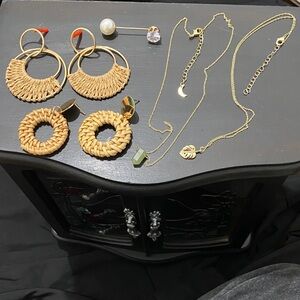 Gold and Natural Woven Statement Earrings Necklace and Broach Set